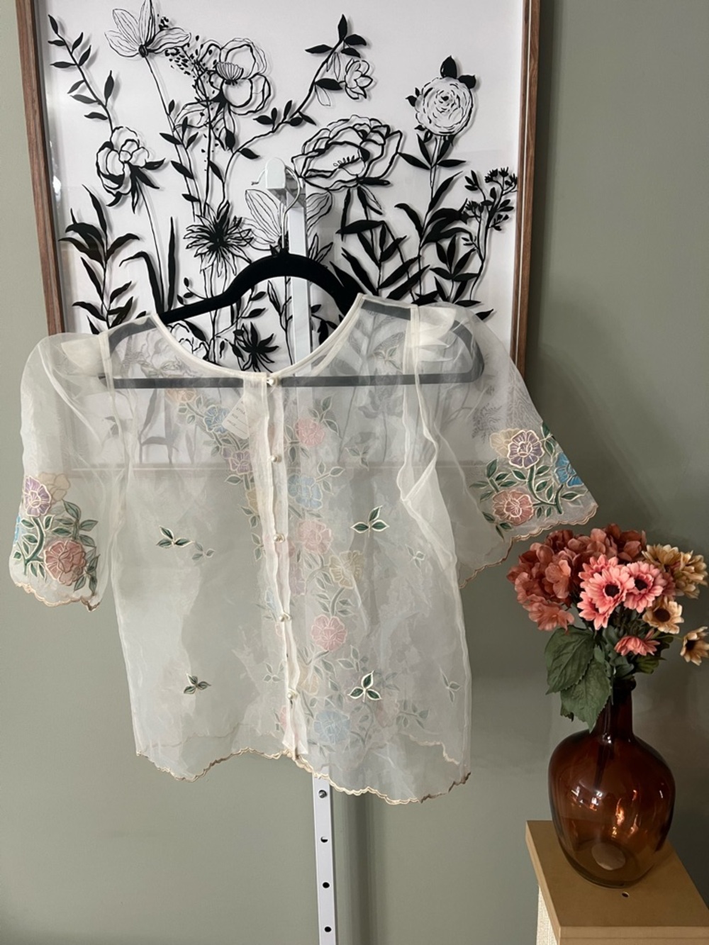Vintage Floral Sheer Organza Peaked Puff Sleeve Boxy Cropped Button Down Blouse